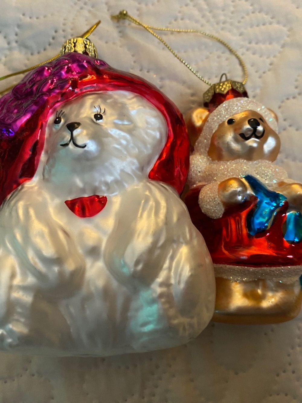 Two Glass Bear Christmas Ornaments